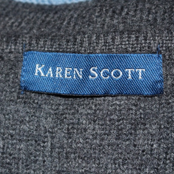 Karen Scott, dark grey - baby blue embroidered full zip up wool cardigan sweater - Picture 10 of 10